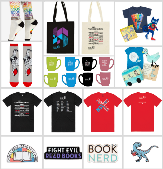 Socks, bags and pins available for purchase from Shelf Love