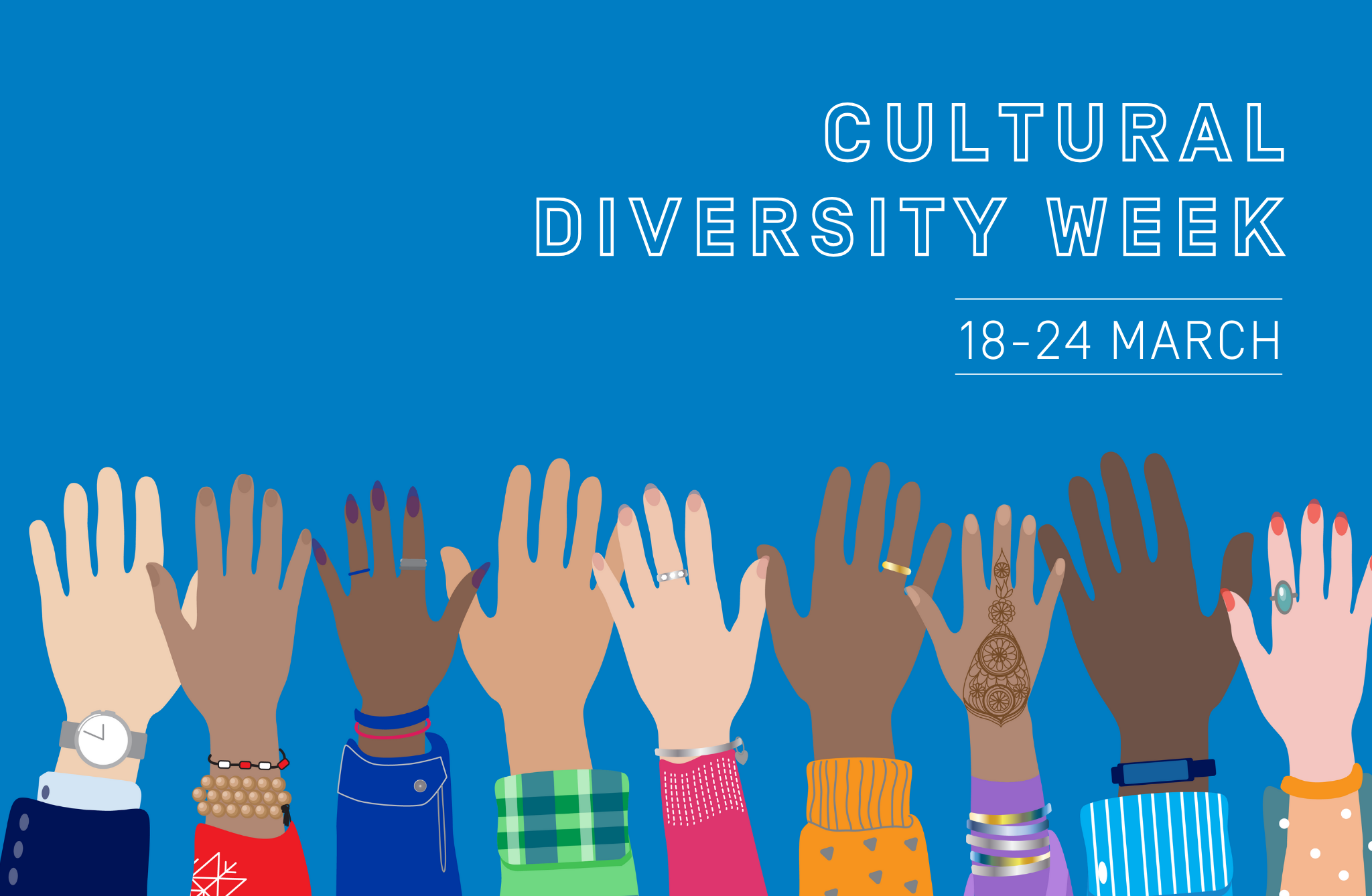 Bllue background, graphics of raised hands. TexCultural Diversity Week 18-24 March