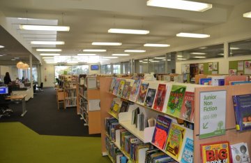 A picture of library shelves with books