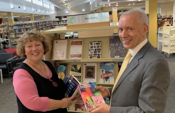 Librarian with Cr Stephen Hart inside Colac Library