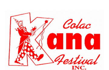Colac Kana festival logo. Red with clown graphic
