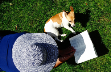 Person in a hat reading lying on the grass. A little dog sits besides the person reading