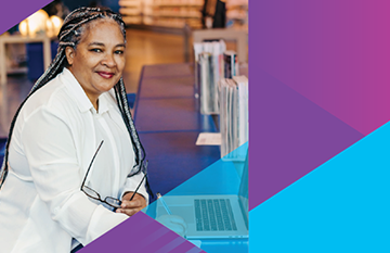 Graphic and image, woman smiling, sitting at laptop Geelong Library