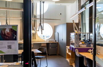 New makerspace - Djilaga Makers Room - at Biyal-a Armstrong Creek library interior. Equipment visible through open door